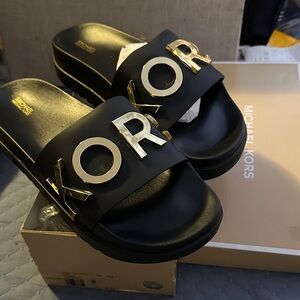 Michael Kors Black and Gold Slide Sandals